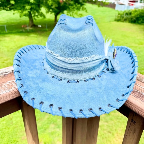 Vintage Inspired Hand Burned Blue Toile Western Cowboy Hat - Picture 2 of 6